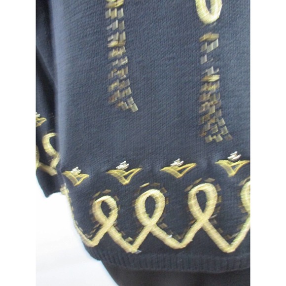 VNTG Victoria Harbour S Knit Sweater Beaded Rhinestones Ribbon Women Black Gold - Picture 8 of 11